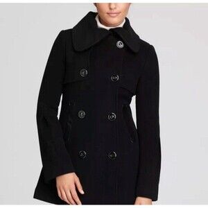 Mackage Asymmetrical Buttoned Wool Cashmere Pea Coat Leather Trim Soft Sz M